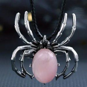 Rose Quartz Stone Spider Brooch Pendant Necklace Healing Gemstone Pendant